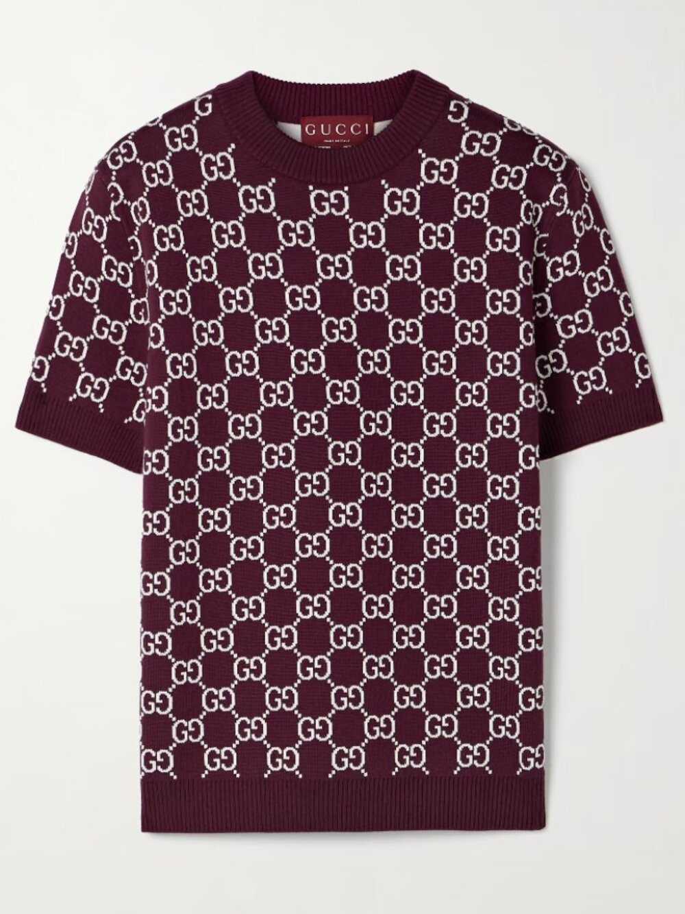 Gucci GG Jacquard Fine Wool Short-Sleeve Top in Bordeaux/White – Size L – NWT
